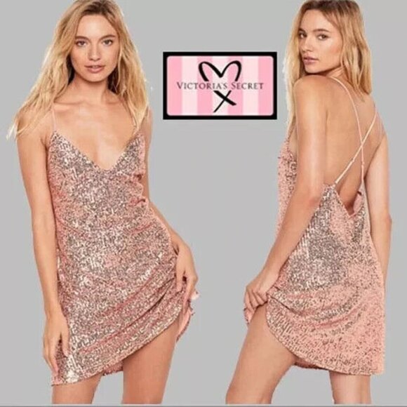 Victoria's Secret Other - Victorias Secret Women's Mini Dress Slip Sequin Bling Rose Pink M